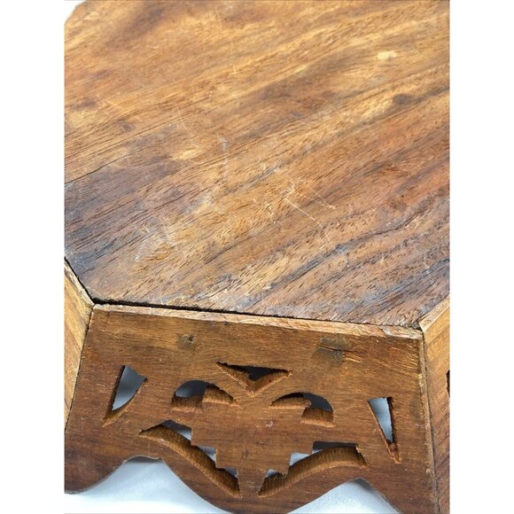 Vintage Octagonal Wood Serving 10.5" Tray Floral Center Hand Carved Artisan Boho - Picture 10 of 16